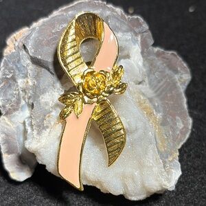 Vintage Avon Gold and Pink Brooch with Breast Cancer Awareness Ribbon Design